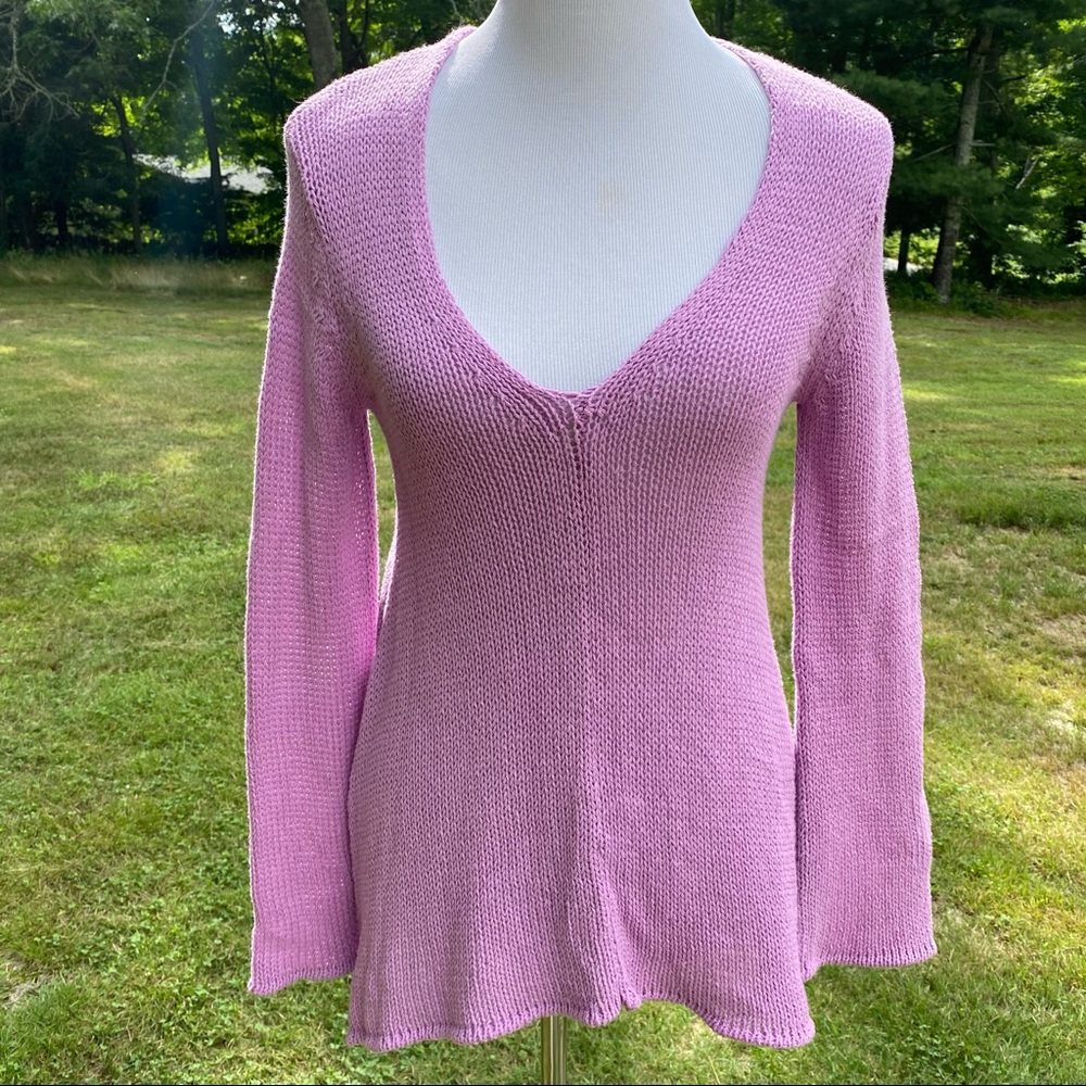 WOODEN SHIPS SWEATER V-NECK LILAC PURPLE LONG SLEEVE WIDE CUFF SIZE S/M